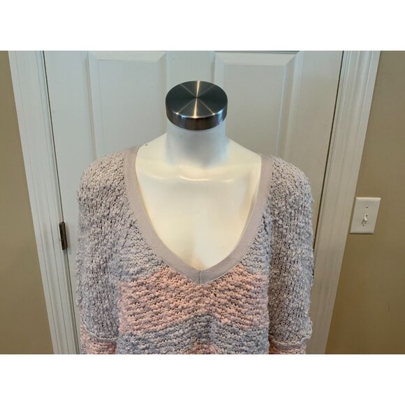 Free People Pink & Blue Striped Knubby Knit V-Neck Sweater, Size Medium - Picture 2 of 7
